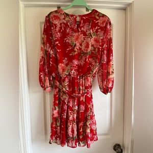 Tacera Women’s M Red Floral Print Belted Chiffon Lined Dress Flowy Pretty